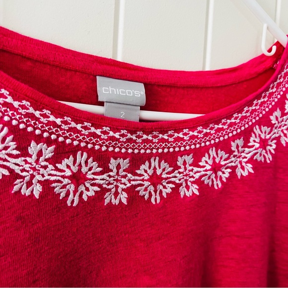 Chico’s Flutter Sleeve Top Sz 2 US Large Pink Blouse 100% Linen Embroidered Neck - Picture 4 of 9